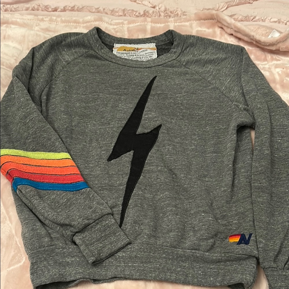 Aviator Nation Gray Crewneck Sweater with Black Lightning Bolt